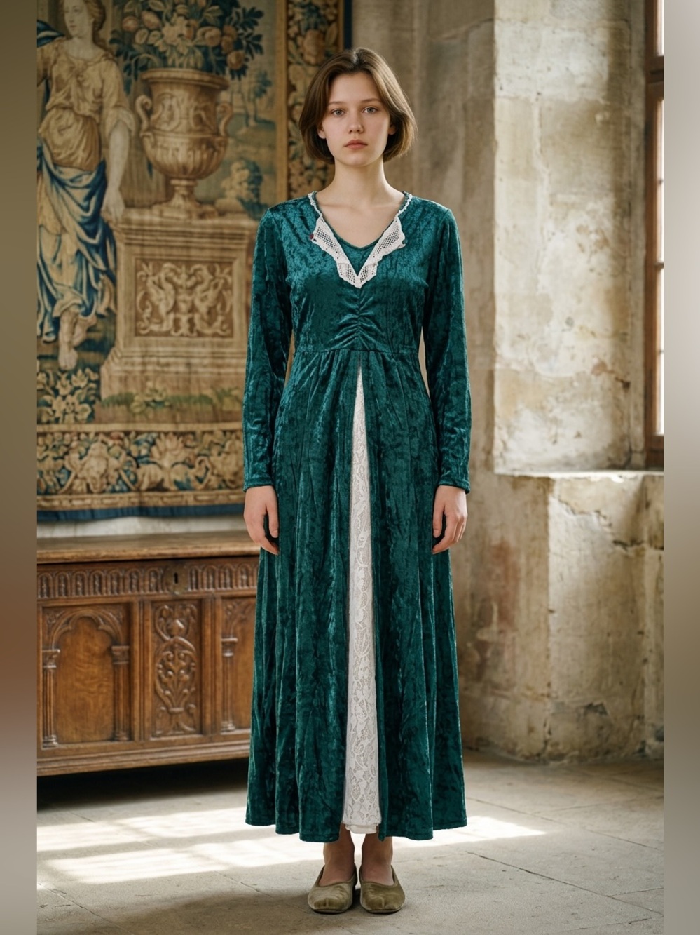 Vintage Emerald Green Velvet Lace Maxi Dress Renaissance Costume Girls 8/S